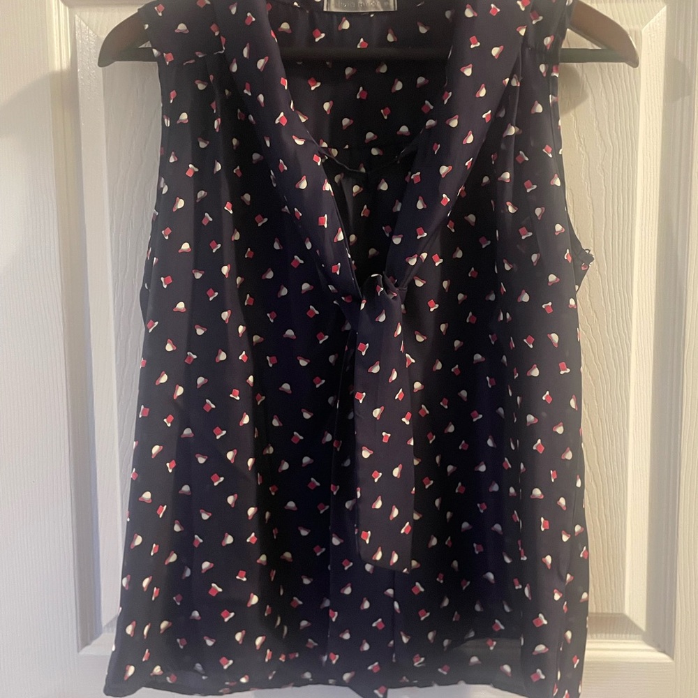 Olivia Moon Navy Novelty Hat Print Tie Neck Sleeveless Blouse Small